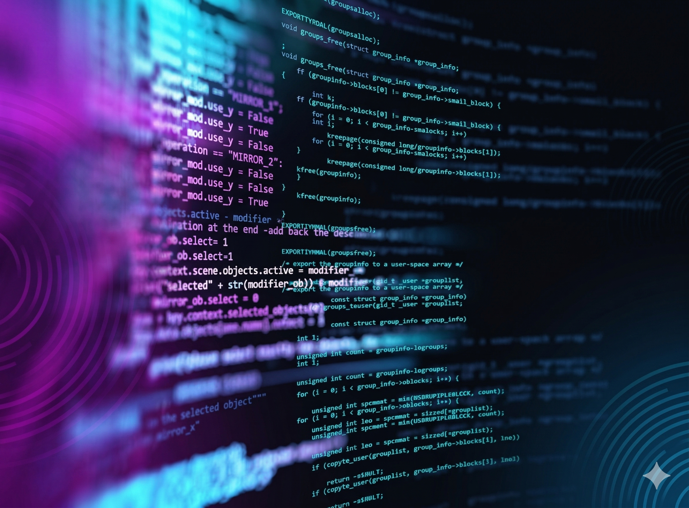 Stylized high-tech computer screen displaying code with purple and blue glows